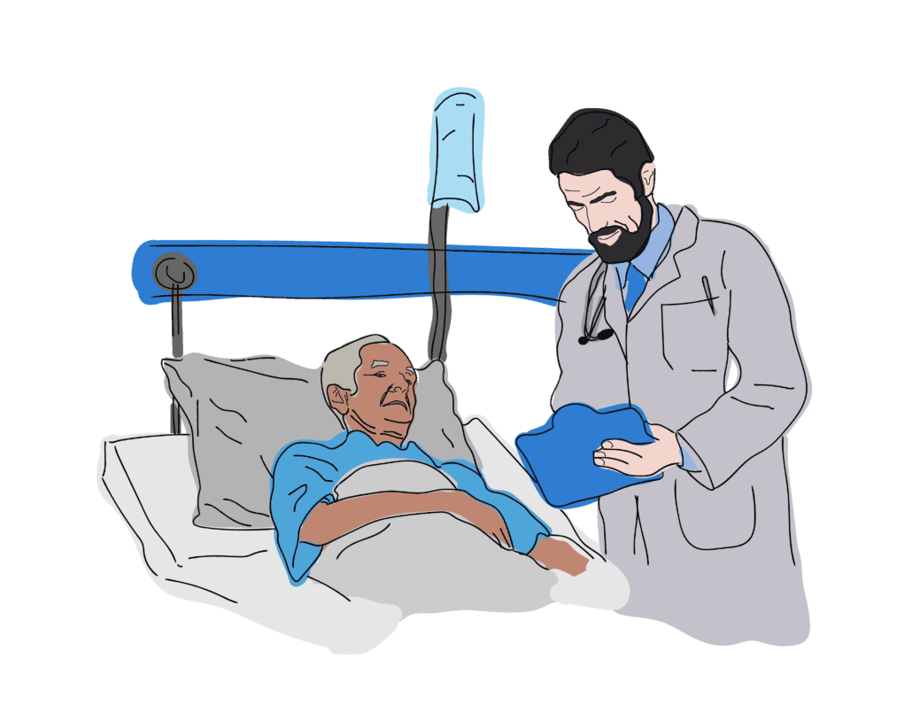 Male Doctor checking up on Elderly Man on hospital bed